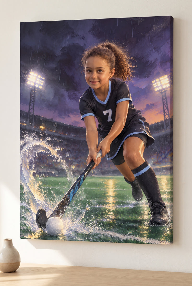 Twilight Turf Field Hockey Portrait stretched gallery-wrap canvas on the wall