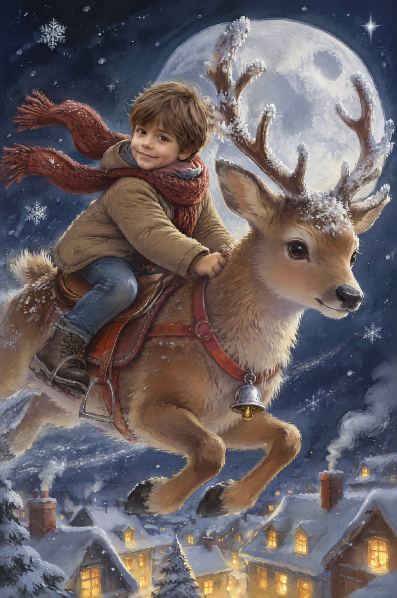 Reindeer Night Flight Portrait young boy soaring over snowy Christmas Eve rooftops flat artwork