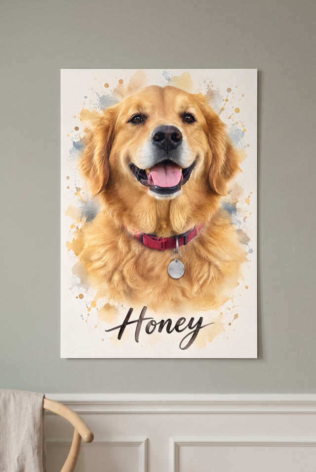 Pet Photo Watercolor Splatter Portrait unframed fine-art paper print on the wall