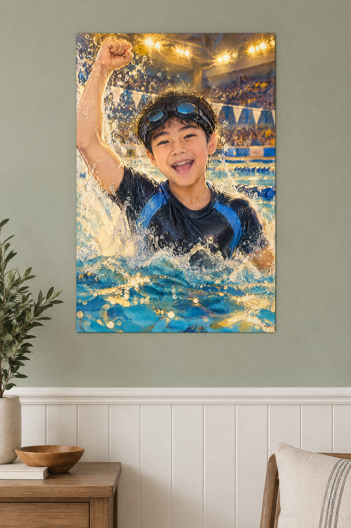 Swimming Gold-Medal Touch Portrait unframed fine-art paper print on the wall