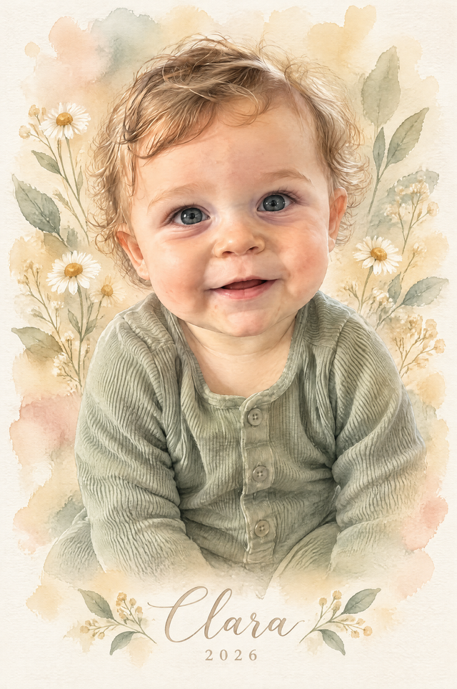 Baby Heirloom Pastel Watercolor Portrait flat artwork made from an example photo