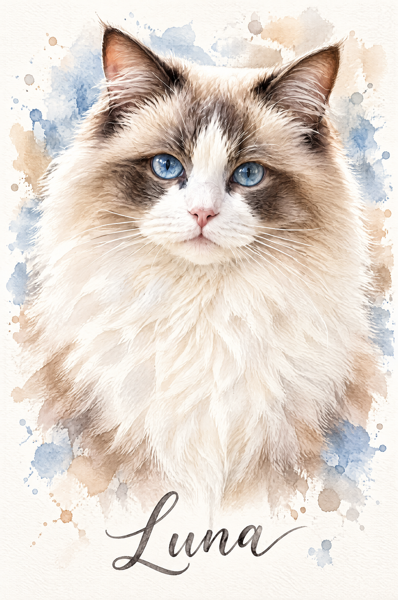 Pet Photo Watercolor Splatter Portrait fluffy Ragdoll cat edition with custom calligraphy name