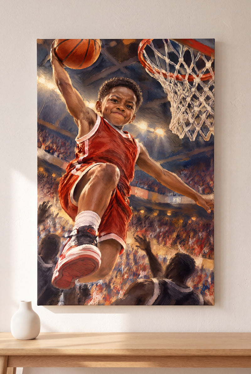 Basketball Buzzer Beater Portrait stretched gallery-wrap canvas on the wall