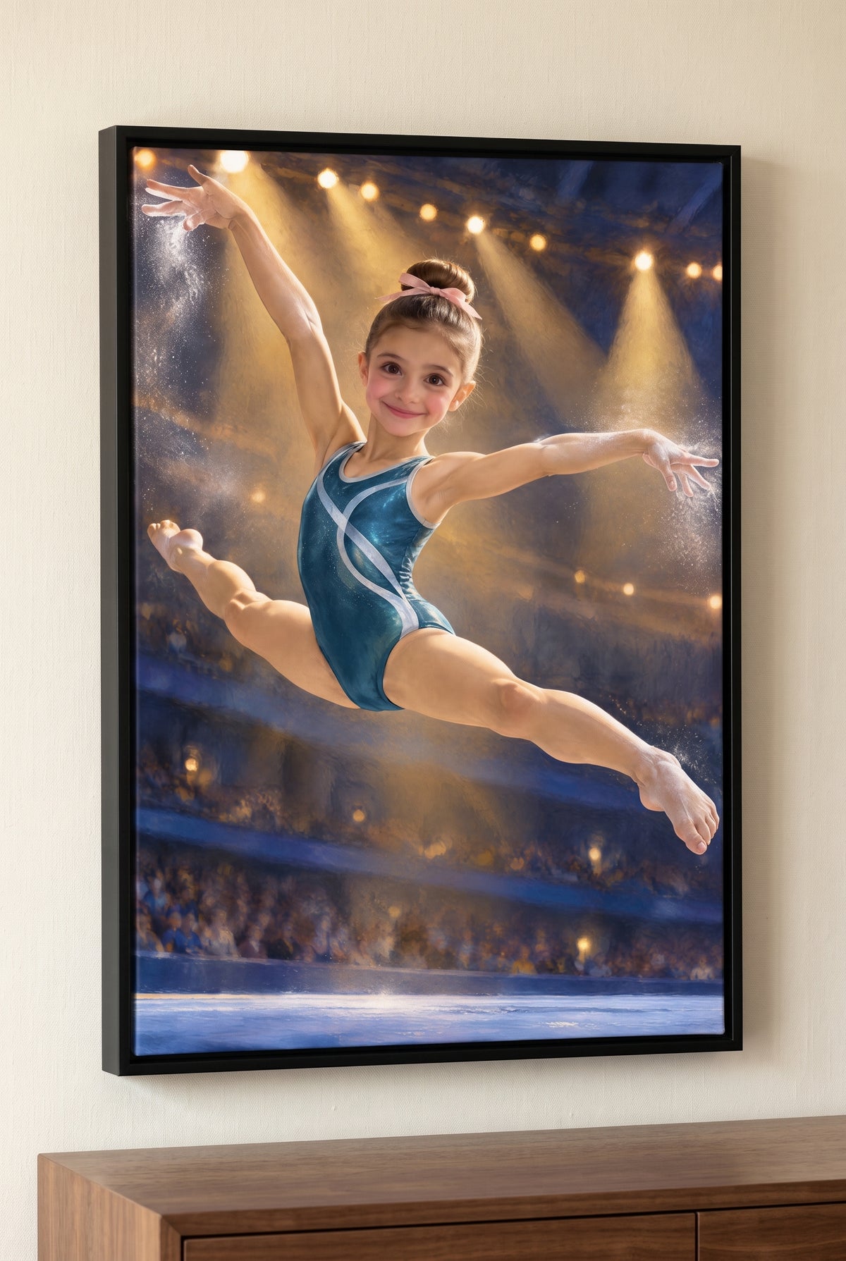 Gymnastics Spotlight Leap Portrait floater-framed canvas on the wall