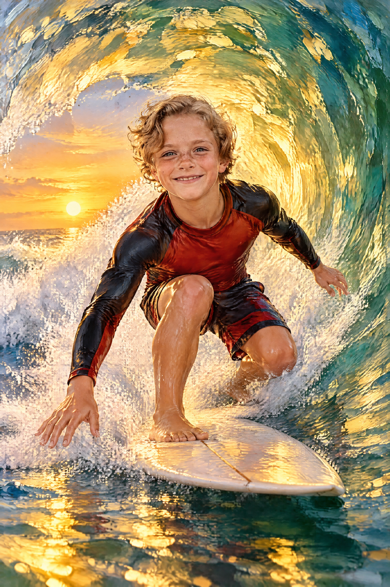 Golden Sunset Barrel Surfer Portrait flat artwork made from an example photo