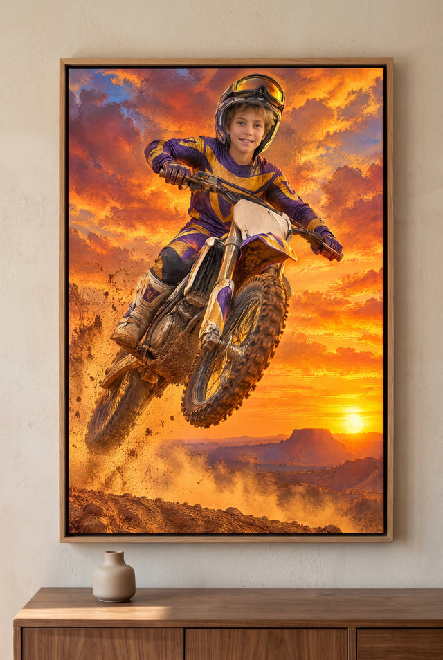Motocross Sky-High Sunset Portrait floater-framed canvas on the wall