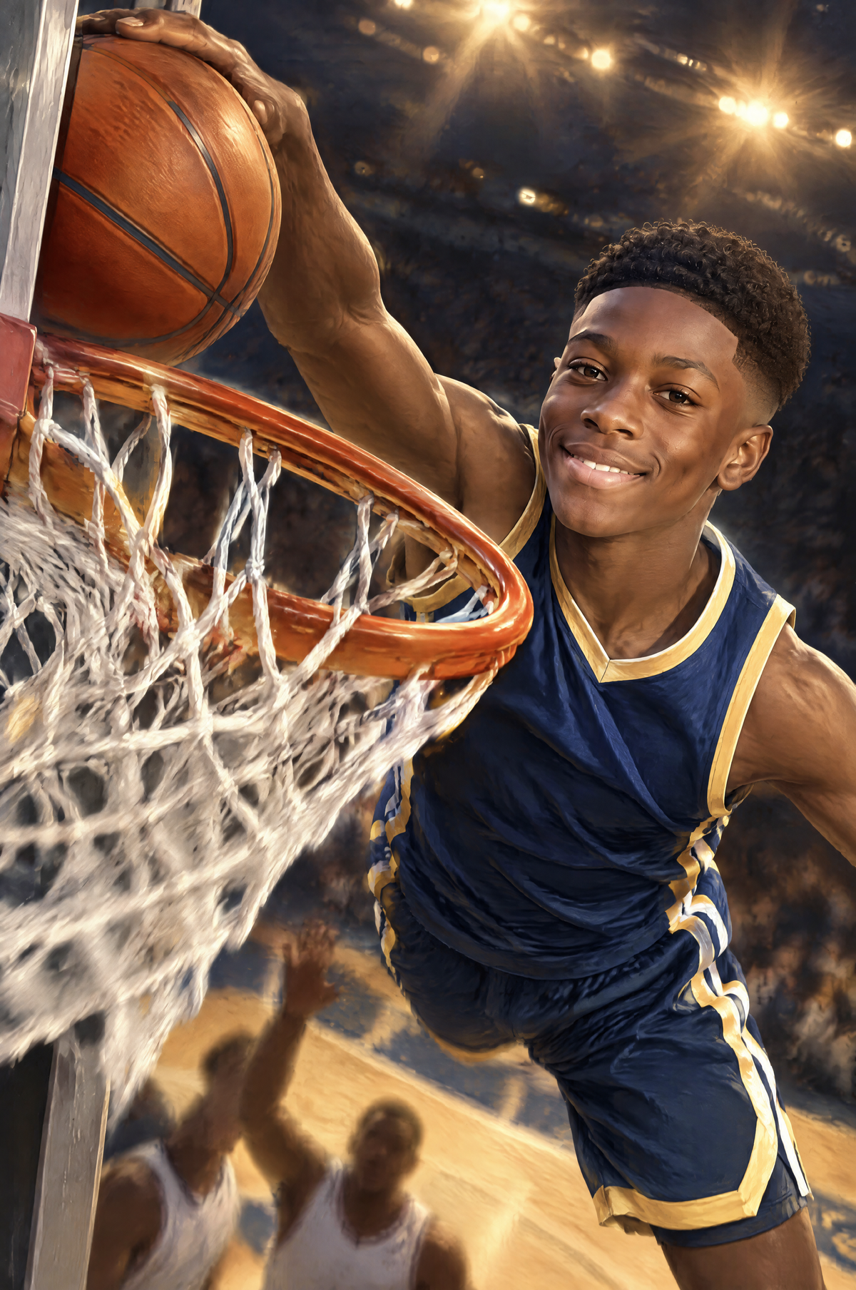 Basketball Dunk Portrait second player hammering high-flying arena dunk flat artwork