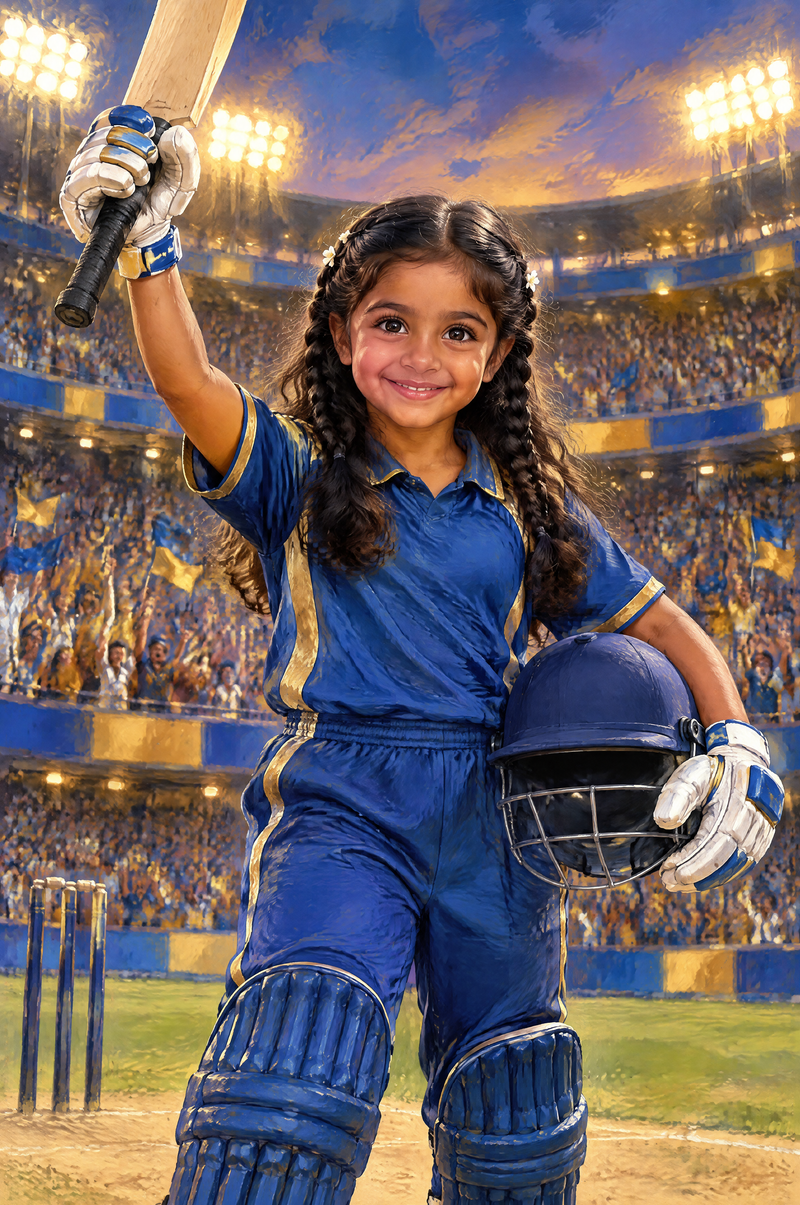 Cricket Cover-Drive Portrait girl cricketer in royal blue and athletic gold kit flat artwork