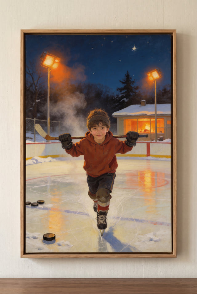 Evening Rink Hockey Portrait floater-framed canvas on the wall