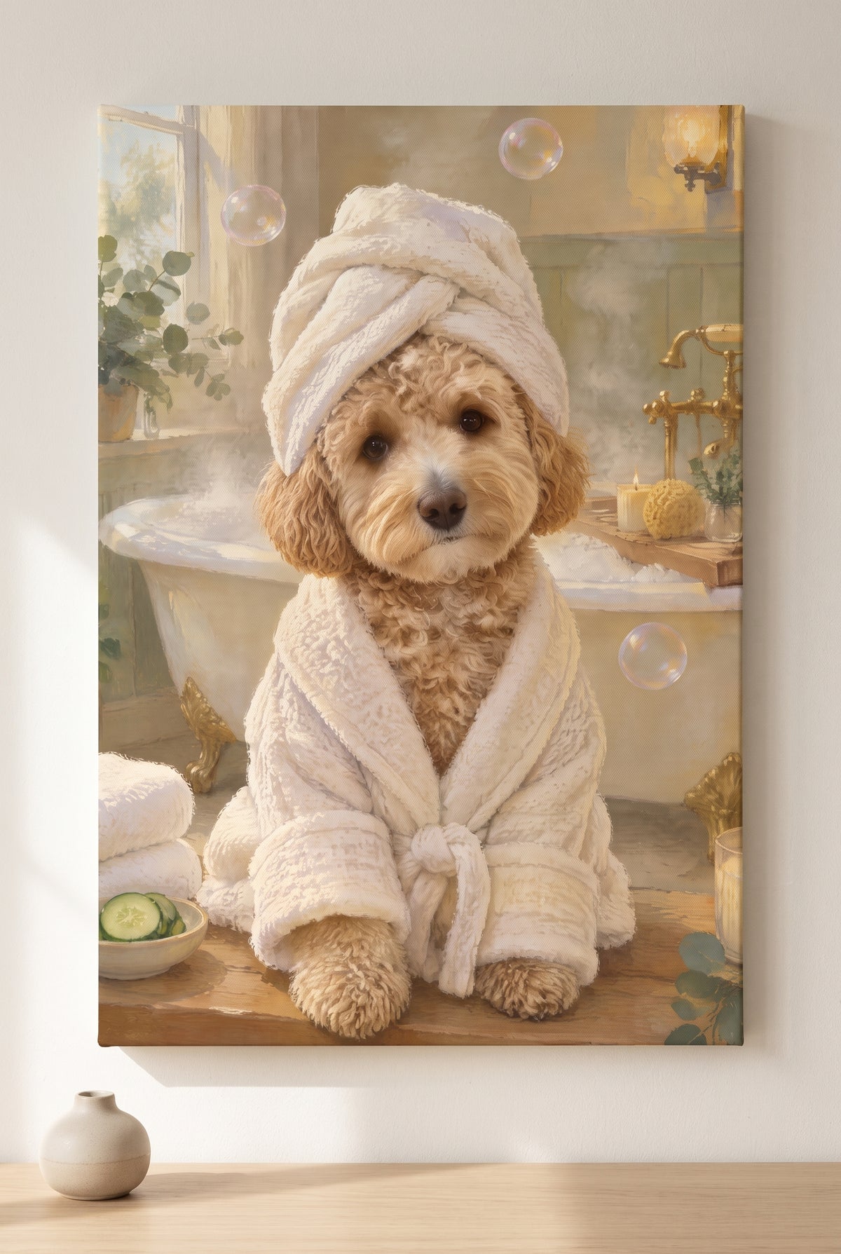 Spa Day Bathrobe Pet Portrait stretched gallery-wrap canvas on the wall