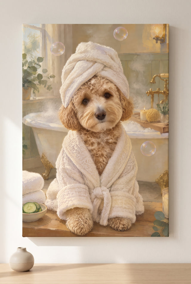 Spa Day Bathrobe Pet Portrait stretched gallery-wrap canvas on the wall
