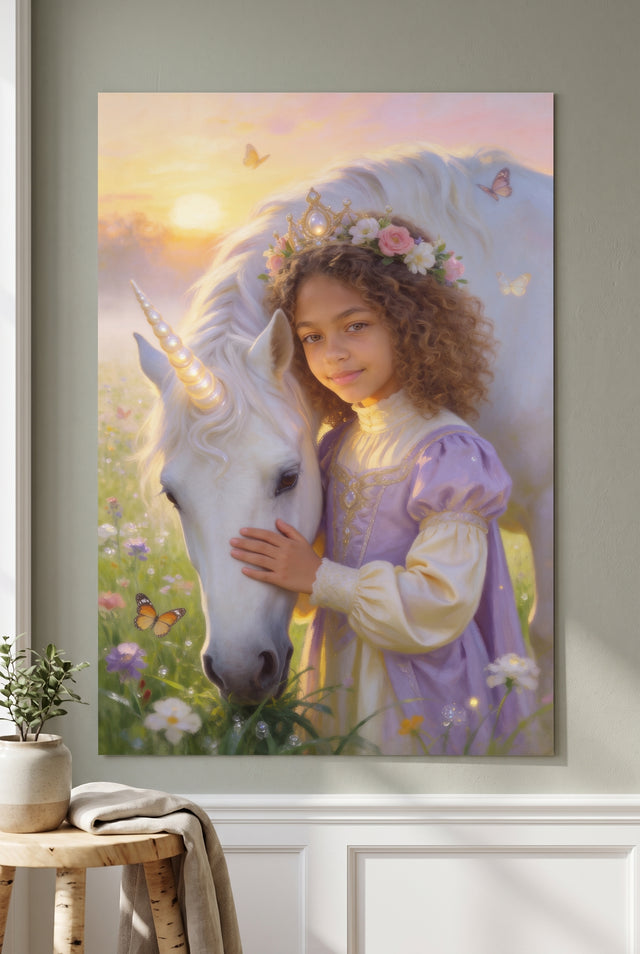 Unicorn Meadow Portrait unframed fine-art paper print on the wall