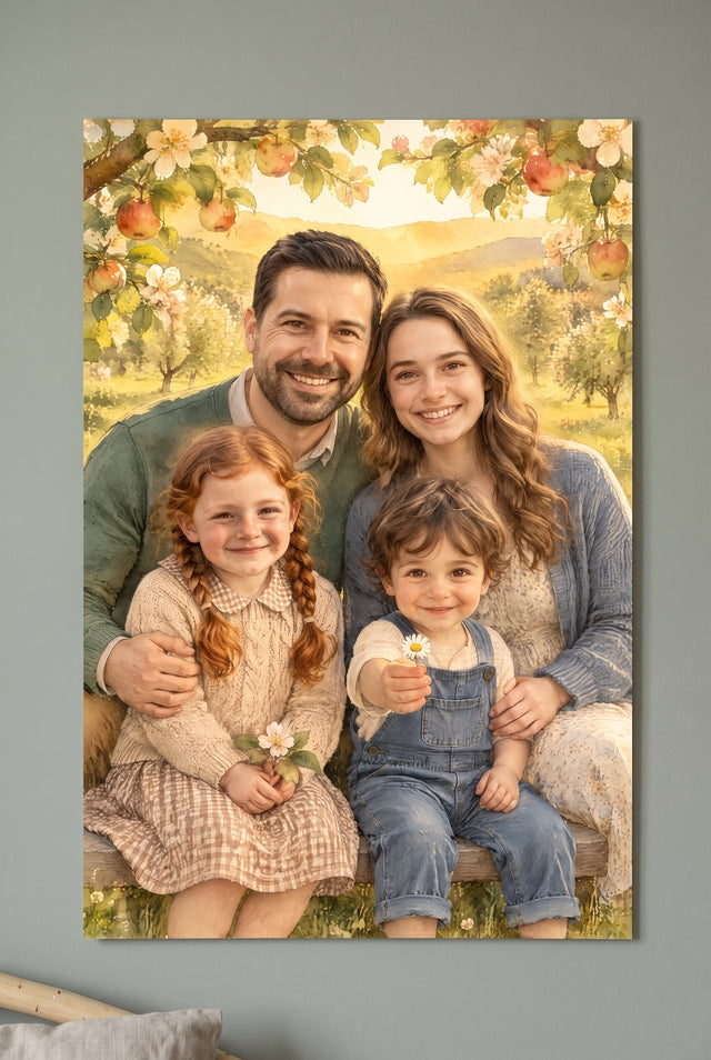 Sunlit Orchard Family Gathering Portrait - archival matte paper print on the wall
