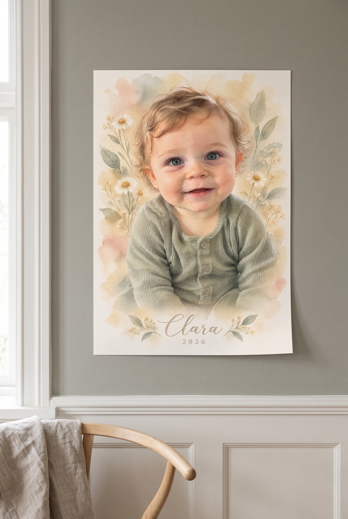 Baby Heirloom Pastel Watercolor Portrait unframed fine-art paper print on the wall