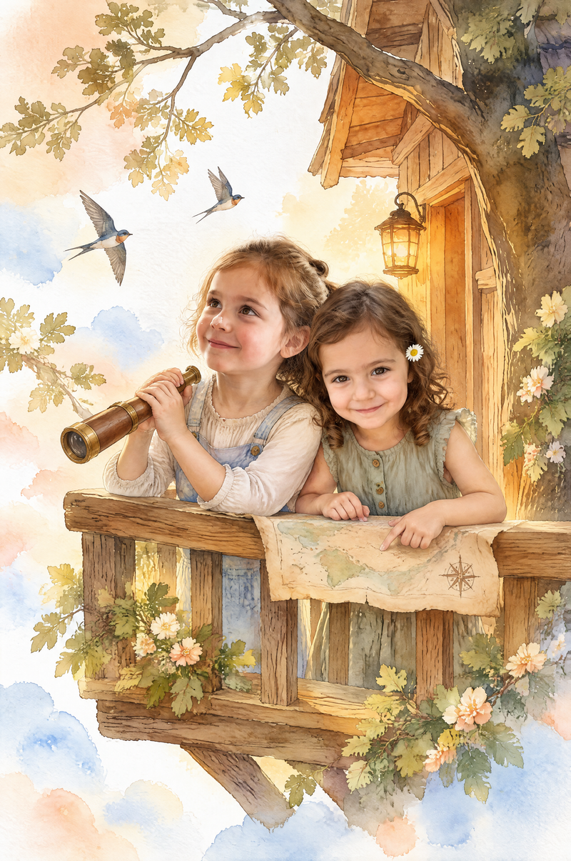 Sky-High Lantern Treehouse Portrait soft light watercolor edition flat artwork