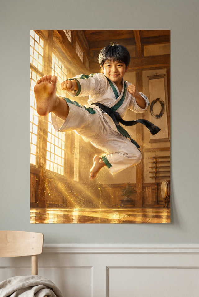 Martial Arts Flying Kick Portrait unframed fine-art paper print on the wall