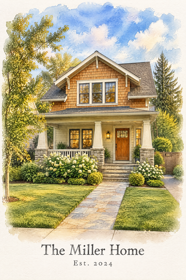 Custom Home Watercolor Keepsake flat artwork made from an example photo