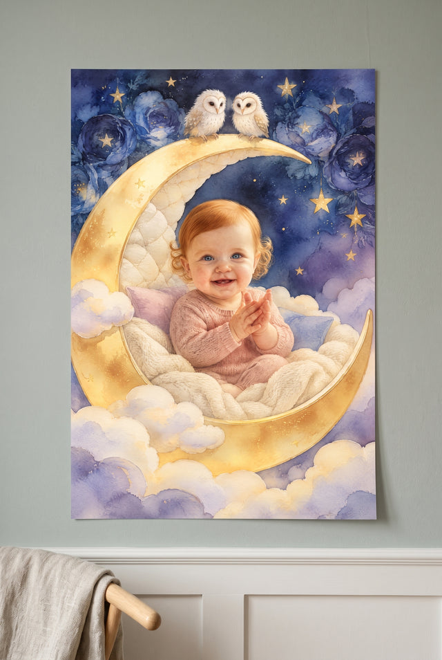 Sleeping Crescent Moon Cradle Portrait - Vivid unframed fine-art paper print on the wall