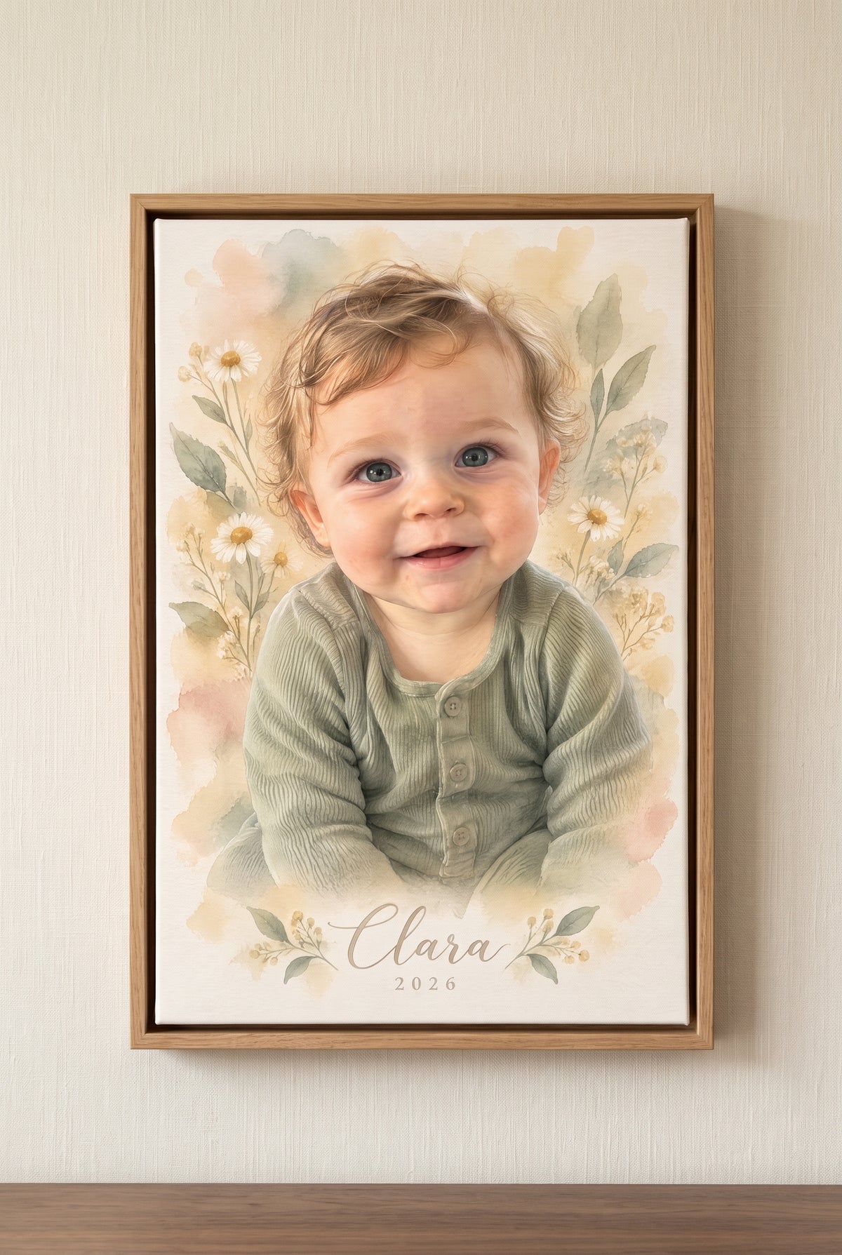 Baby Heirloom Pastel Watercolor Portrait floater-framed canvas on the wall