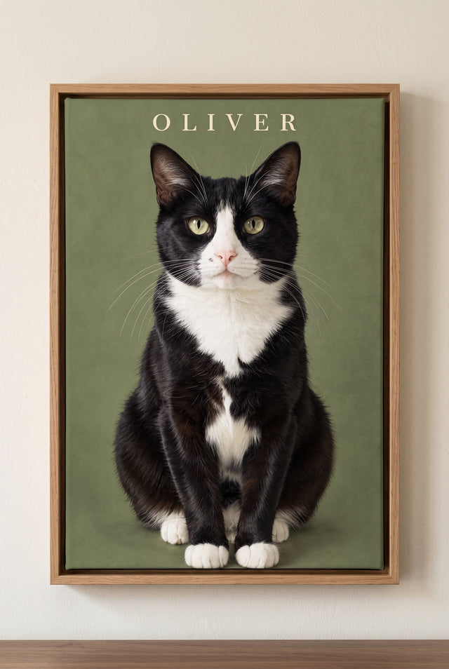 Modern Fine-Art Realism Cat Portrait in Sage Olive with Classic Serif lettering in floating wood frame