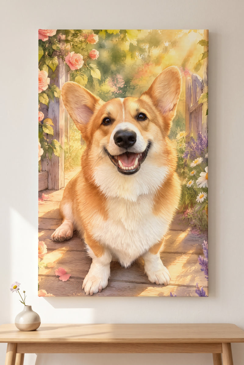 Garden Sunbeam Pet Watercolor Portrait - stretched canvas on the wall
