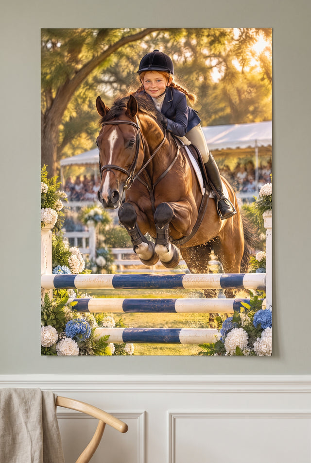 Equestrian Grand Prix Jump Portrait unframed fine-art paper print on the wall