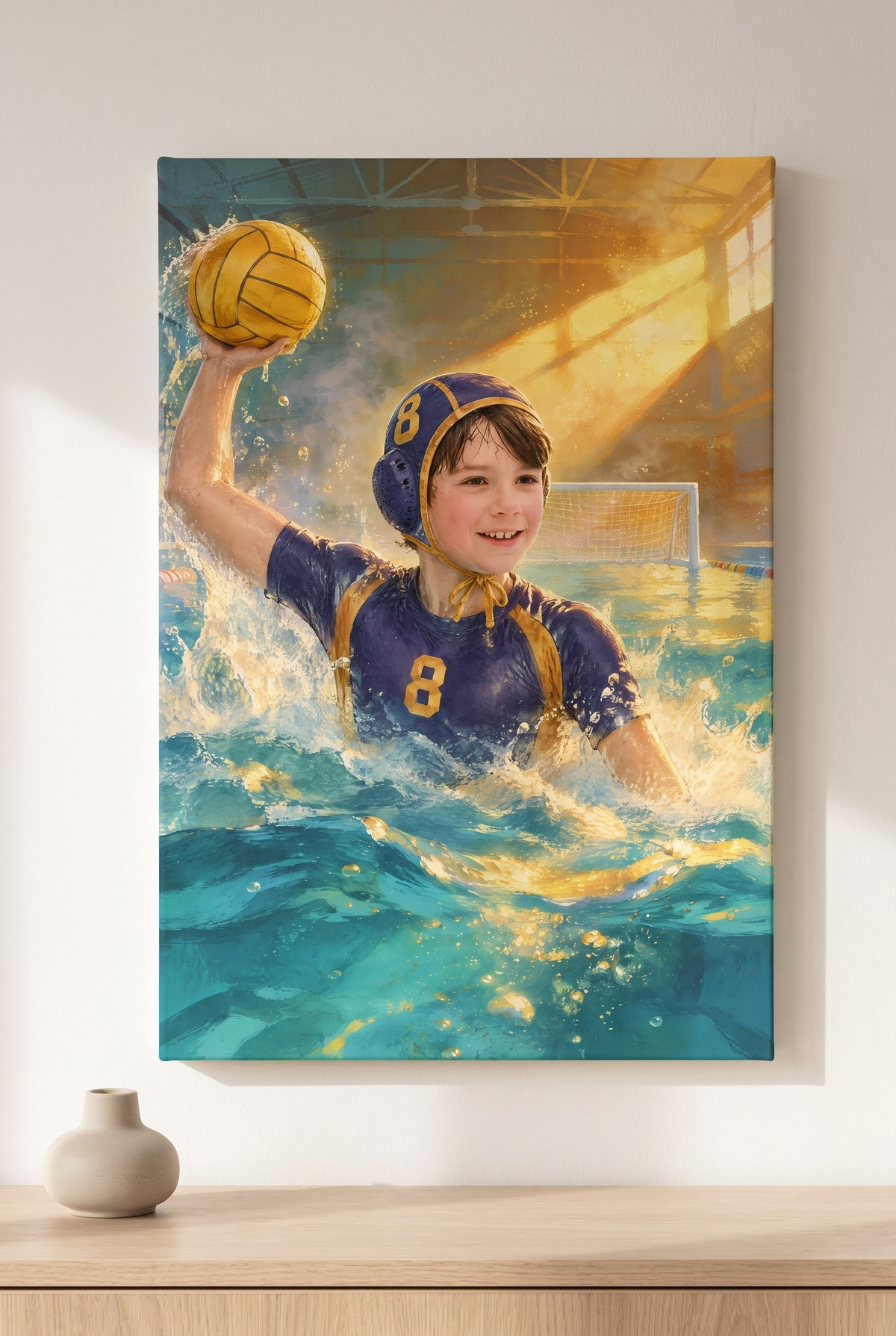 Golden Pool Surge Water Polo Portrait stretched gallery-wrap canvas on the wall