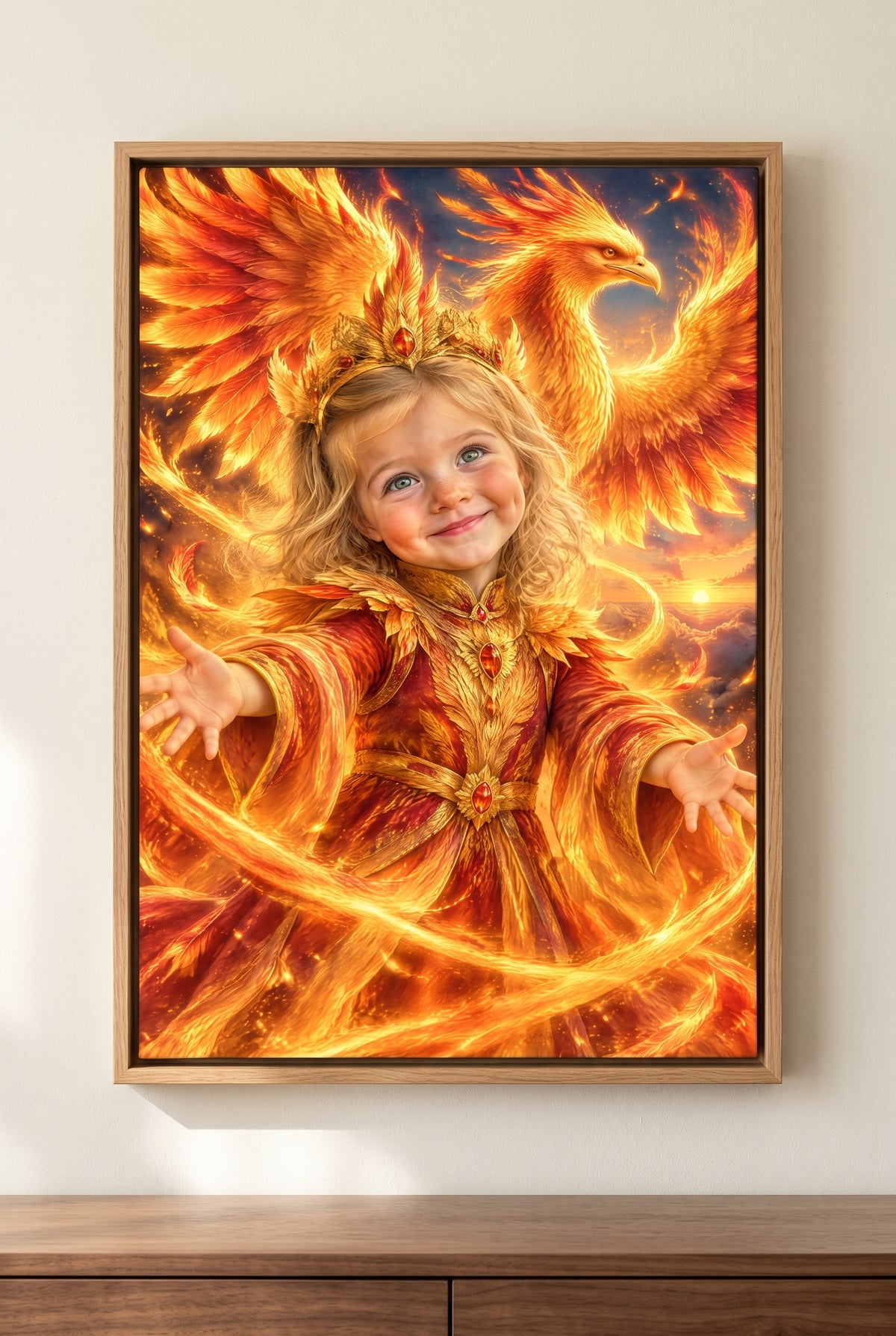 Phoenix Firebird Portrait floater-framed canvas on the wall