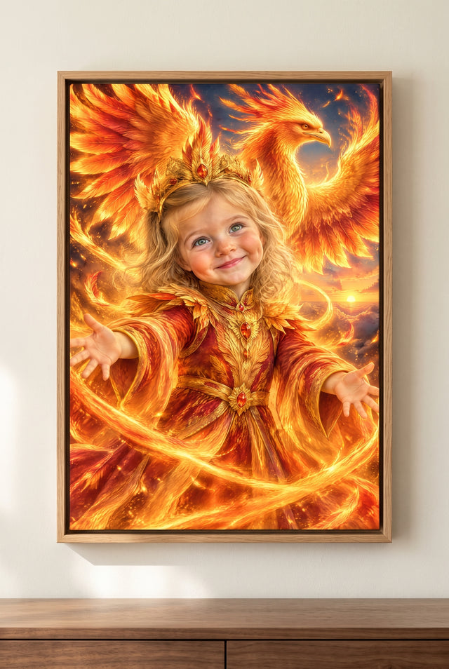 Phoenix Firebird Portrait floater-framed canvas on the wall