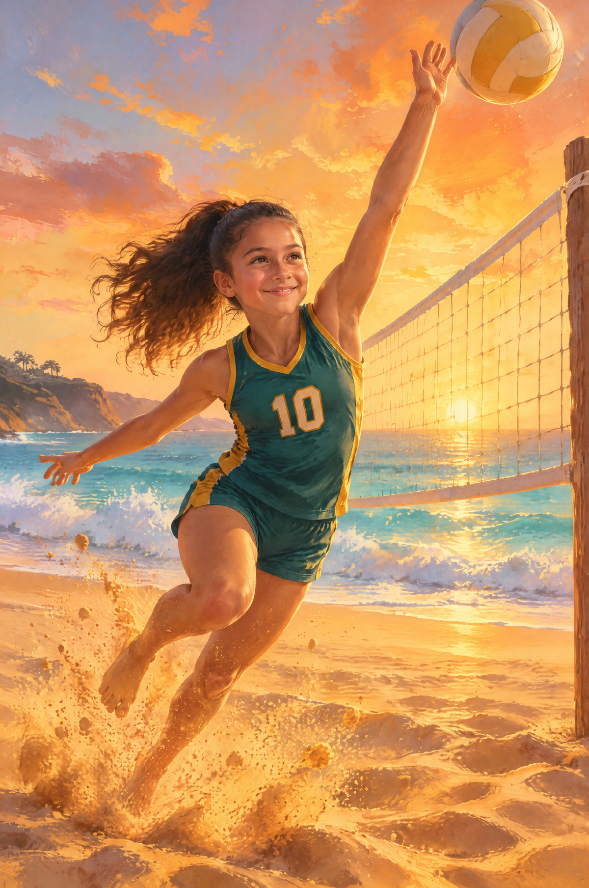 Pacific Sunset Beach Volleyball Portrait flat artwork made from an example photo