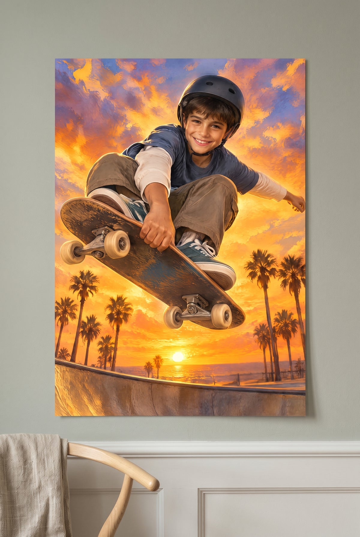 Sunset Bowl Skateboard Flight Portrait unframed fine-art paper print on the wall