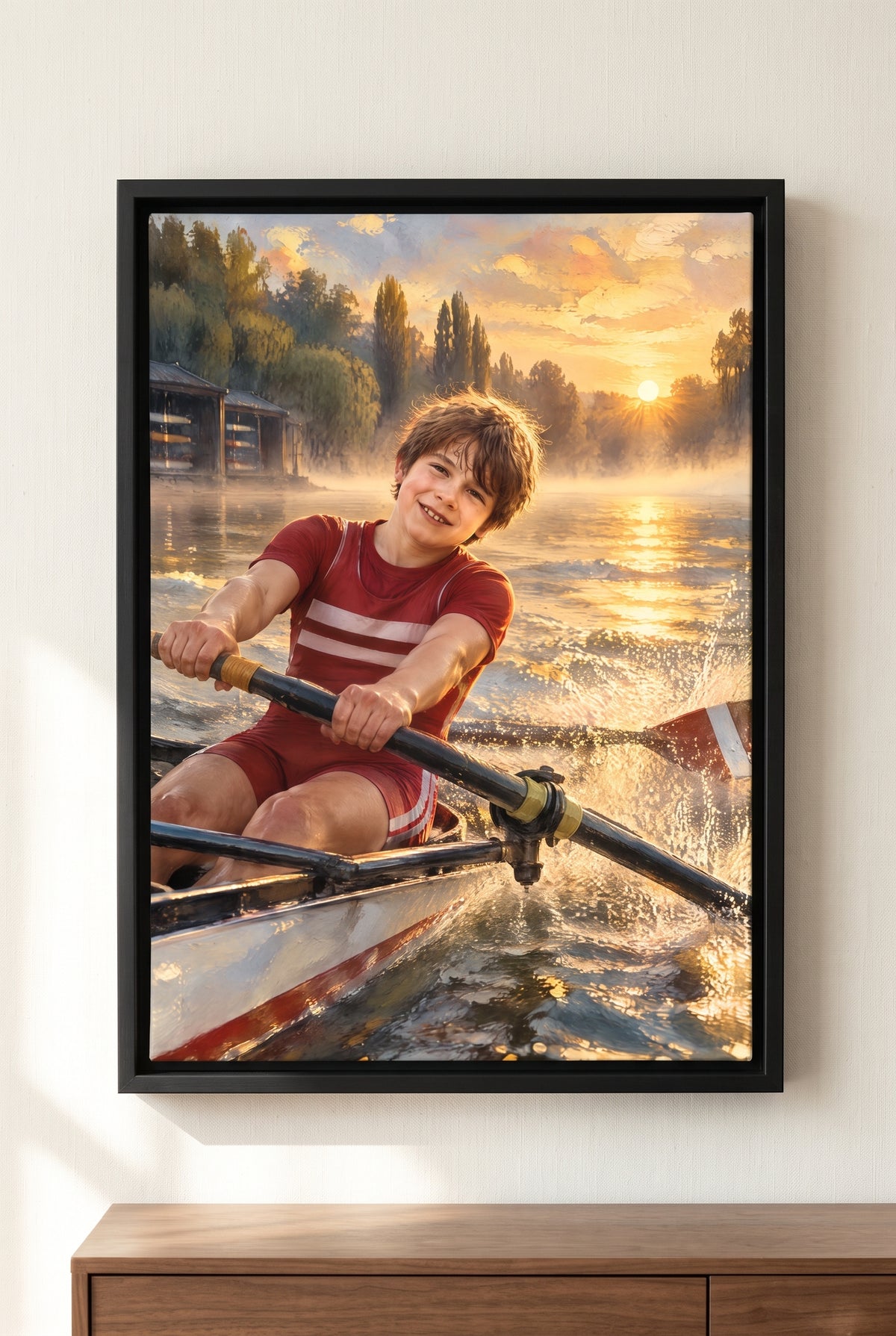 Golden Dawn Regatta Sprint Portrait floater-framed canvas on the wall