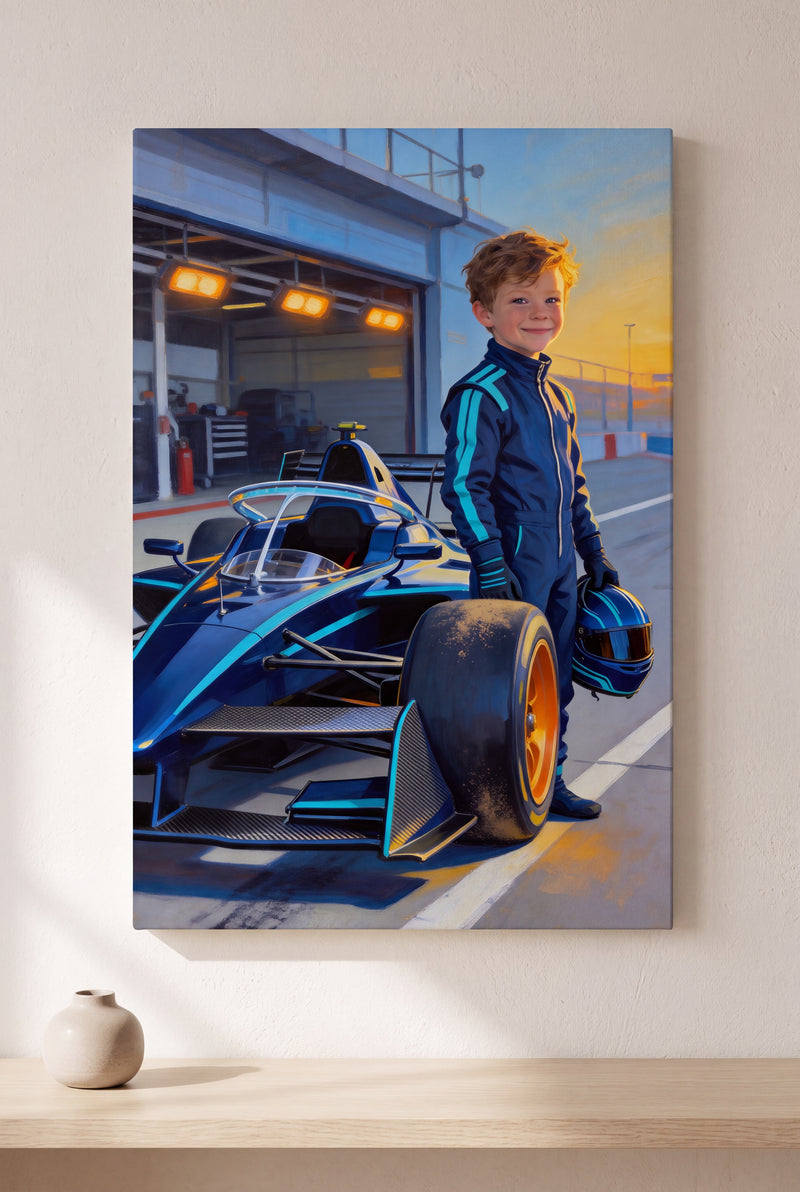 Race Car Pit Lane Portrait stretched gallery-wrap canvas on the wall