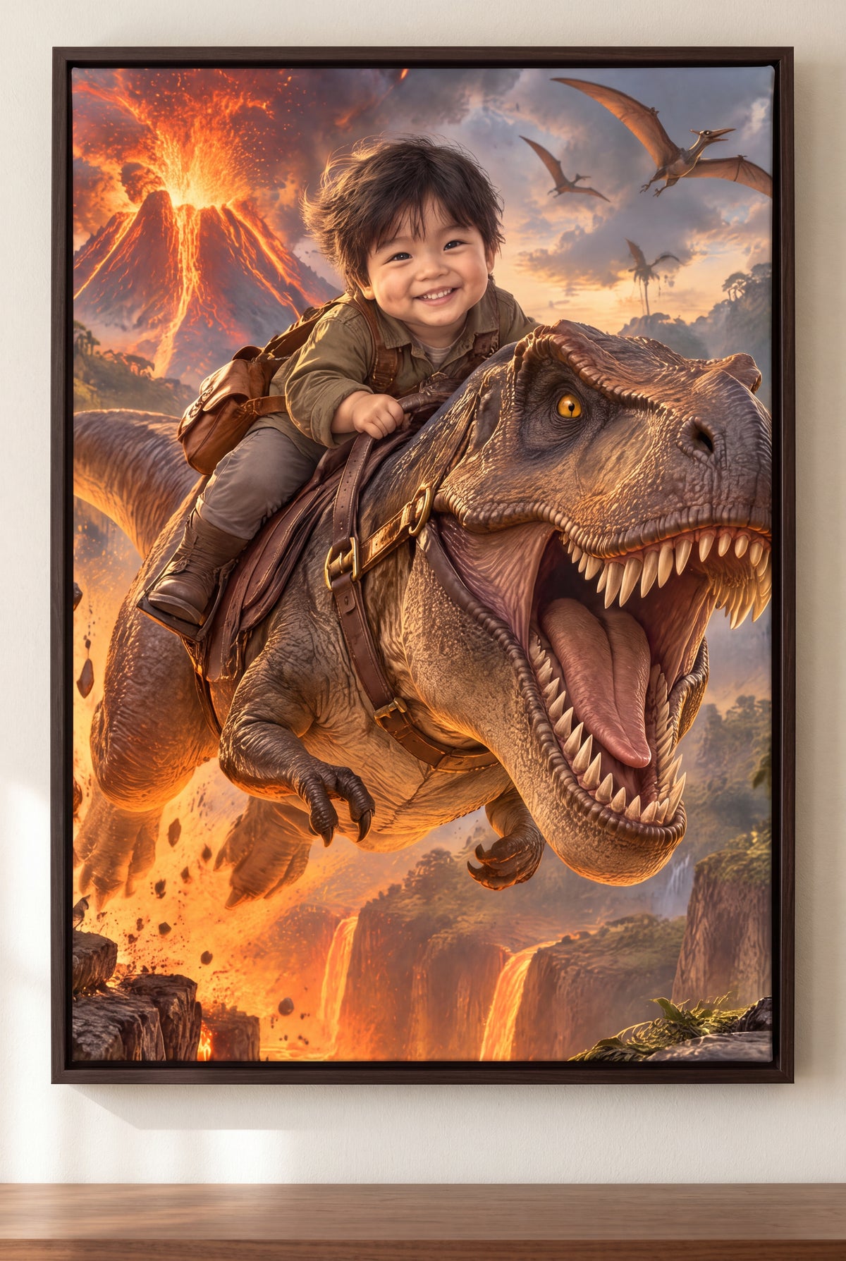Dinosaur Rider Portrait floater-framed canvas on the wall