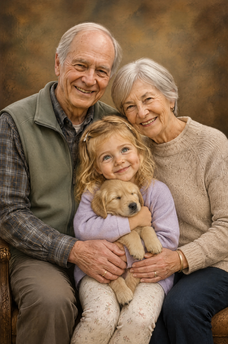 Heirloom Studio Oil Reunion three-generation grandparents and granddaughter flat artwork