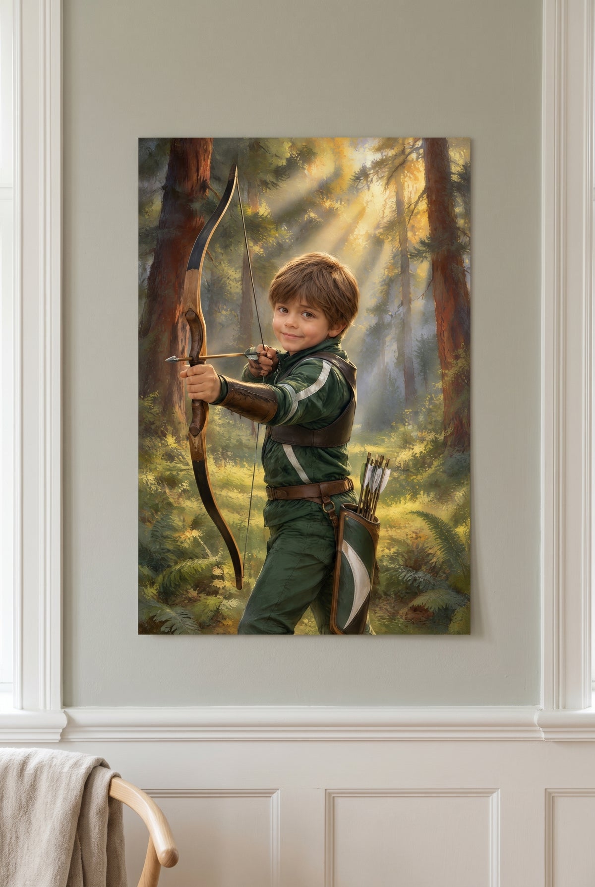 Sunlit Pine Glade Archery Portrait unframed fine-art paper print on the wall