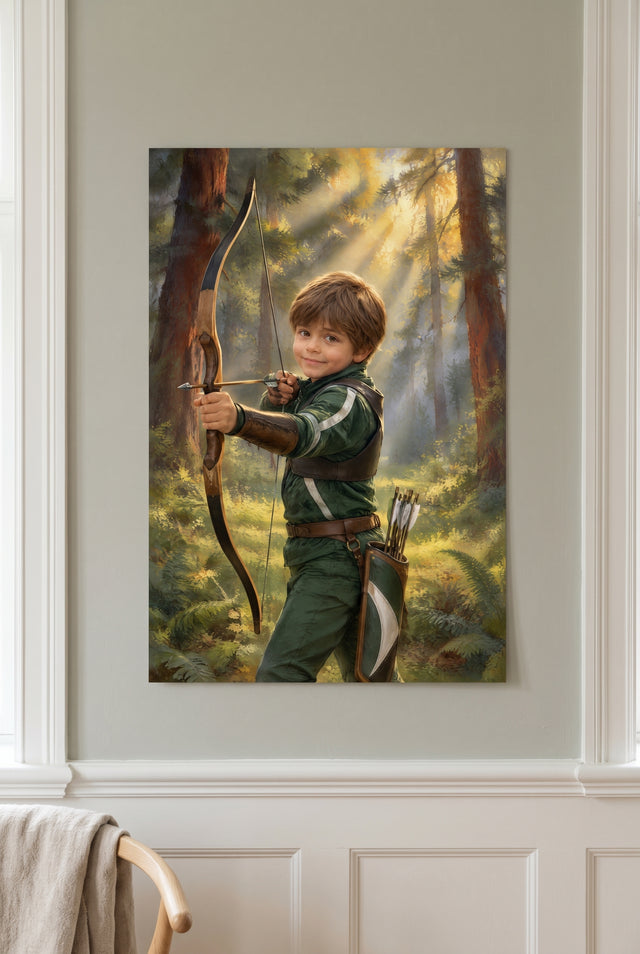 Sunlit Pine Glade Archery Portrait unframed fine-art paper print on the wall