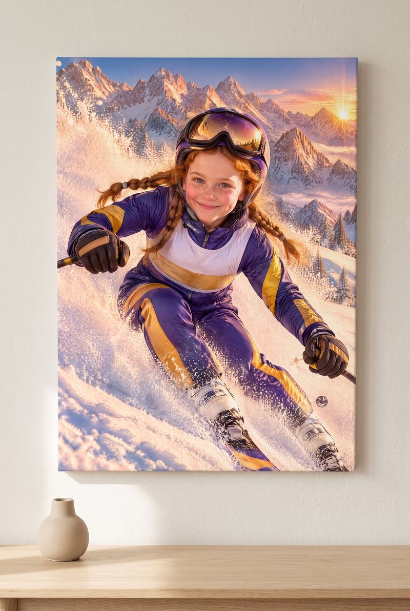 Alpine Ski Alpenglow Carve Portrait stretched gallery-wrap canvas on the wall