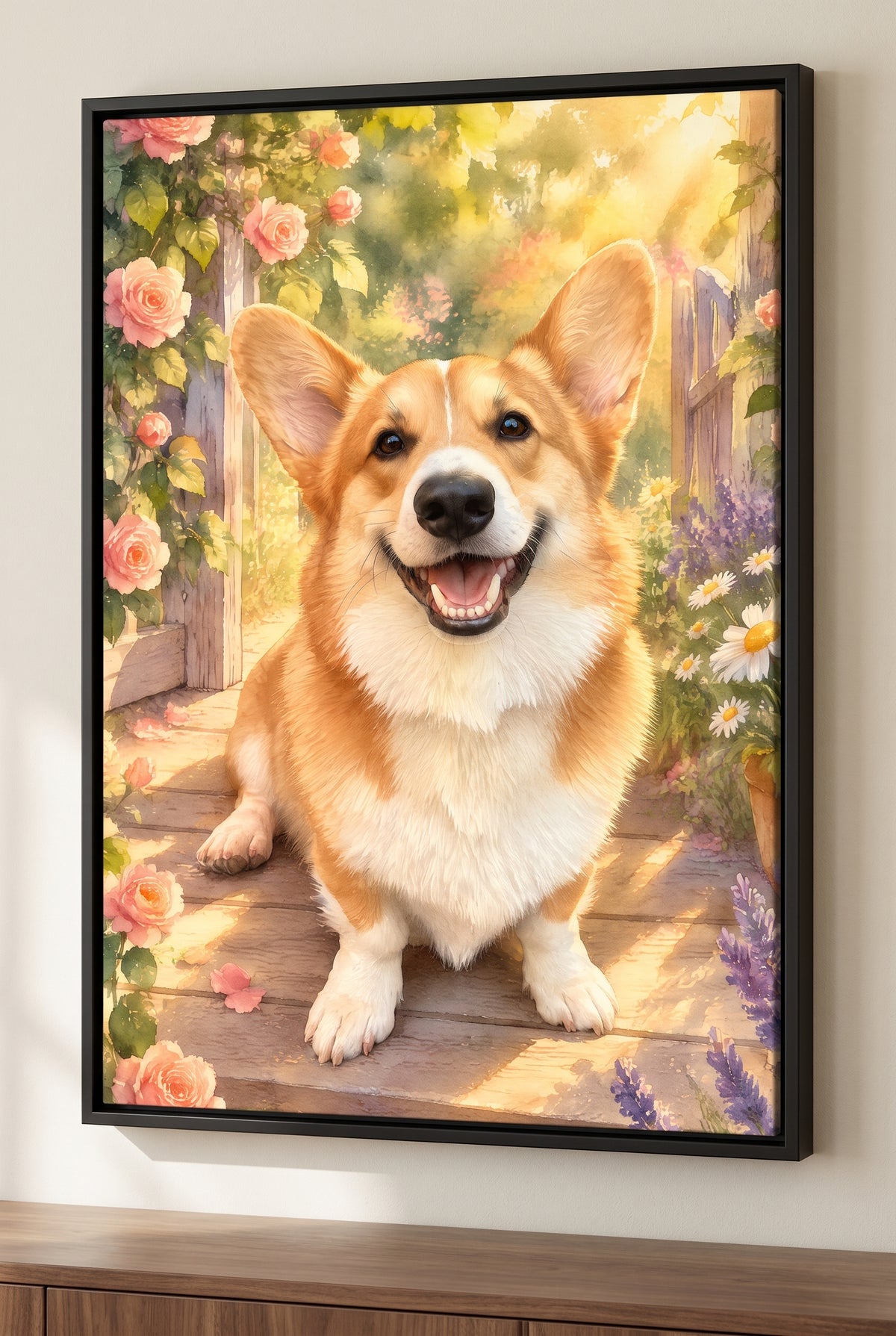 Afternoon Garden Sunbeam Pet Portrait - Vivid floater-framed canvas on the wall