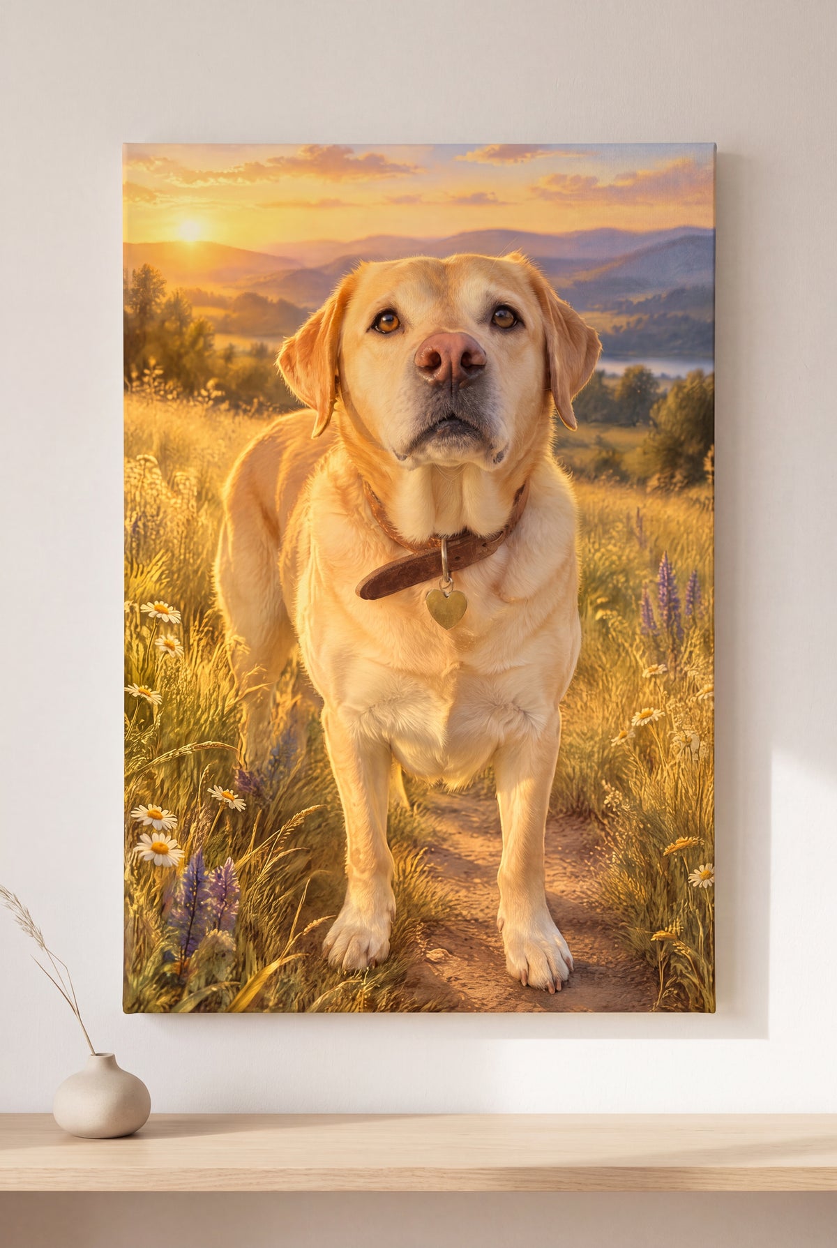 Golden Meadow Pet Portrait stretched gallery-wrap canvas on the wall