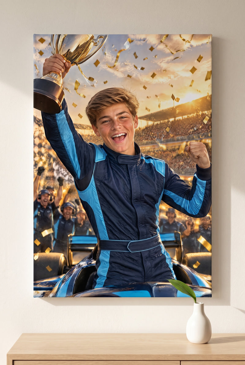 Formula Racing Champion Portrait stretched gallery-wrap canvas on the wall