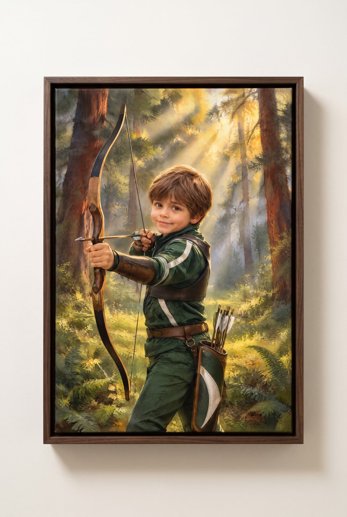 Sunlit Pine Glade Archery Portrait floater-framed canvas on the wall
