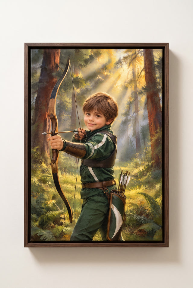 Sunlit Pine Glade Archery Portrait floater-framed canvas on the wall