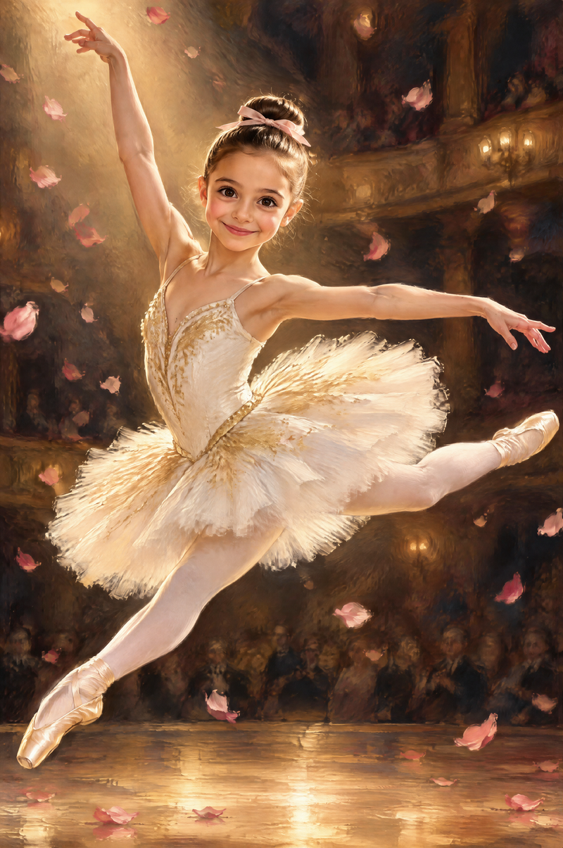 Dance Star Portrait young ballerina dancer under stage spotlight flat artwork