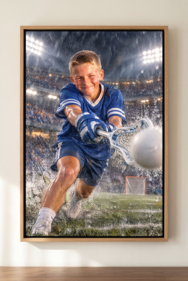 Lacrosse Overtime Shot Portrait floater-framed canvas on the wall