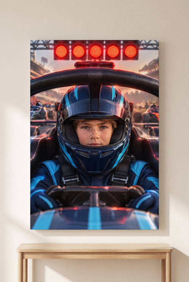 Race Car Driver Portrait stretched gallery-wrap canvas on the wall
