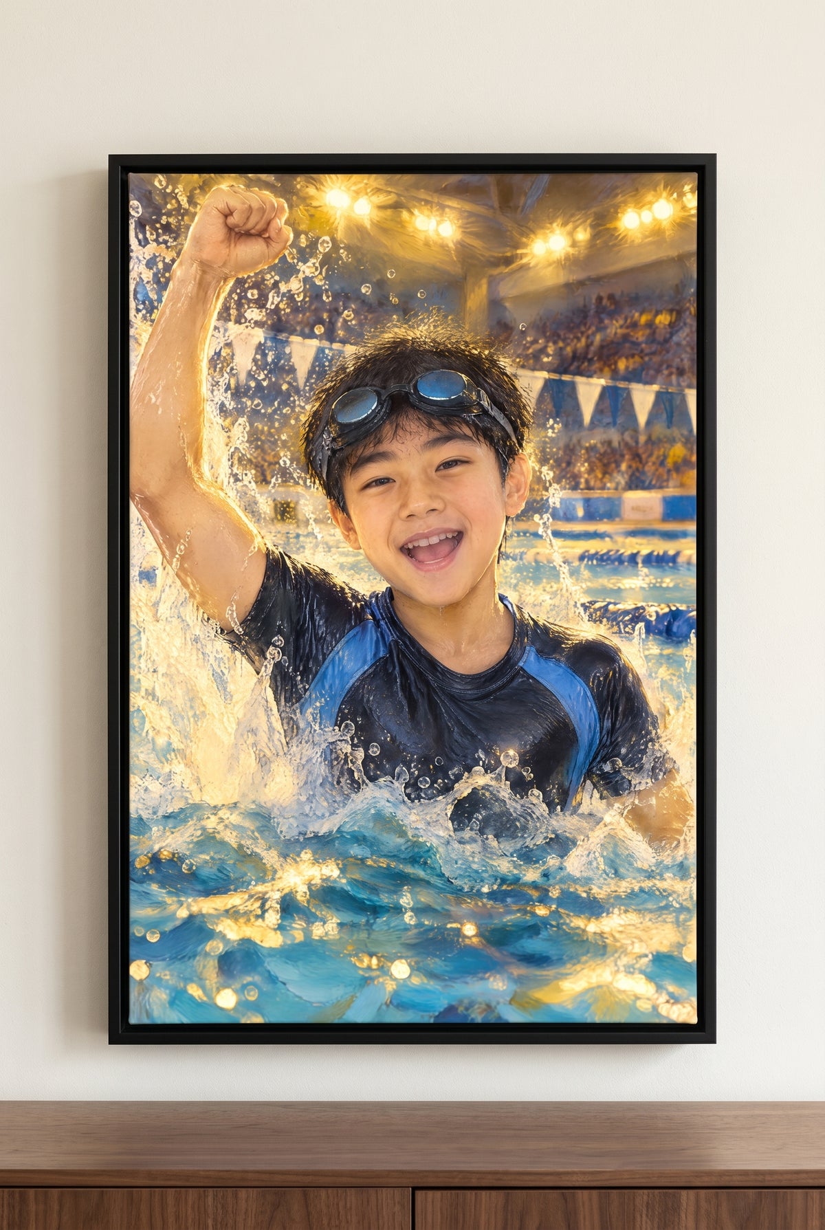 Swimming Gold-Medal Touch Portrait floater-framed canvas on the wall