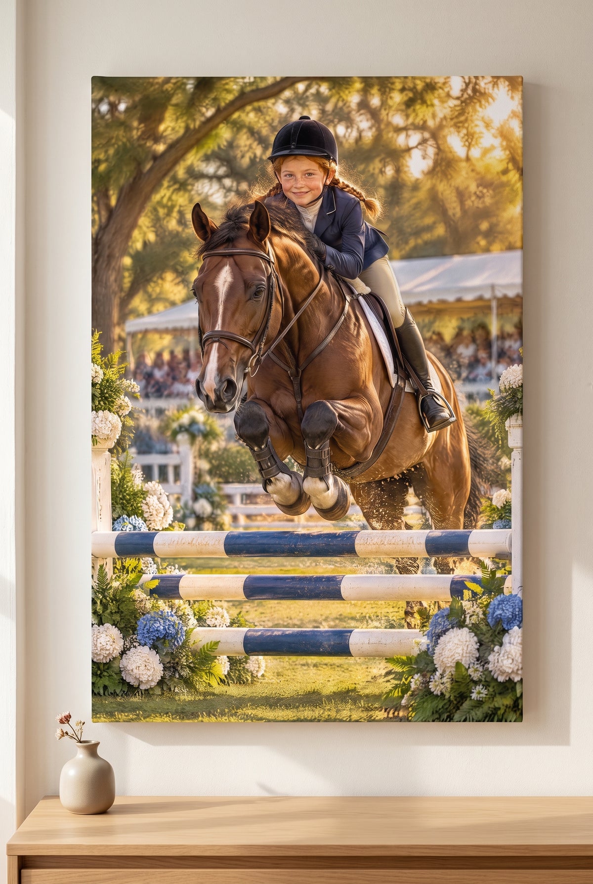 Equestrian Grand Prix Jump Portrait stretched gallery-wrap canvas on the wall