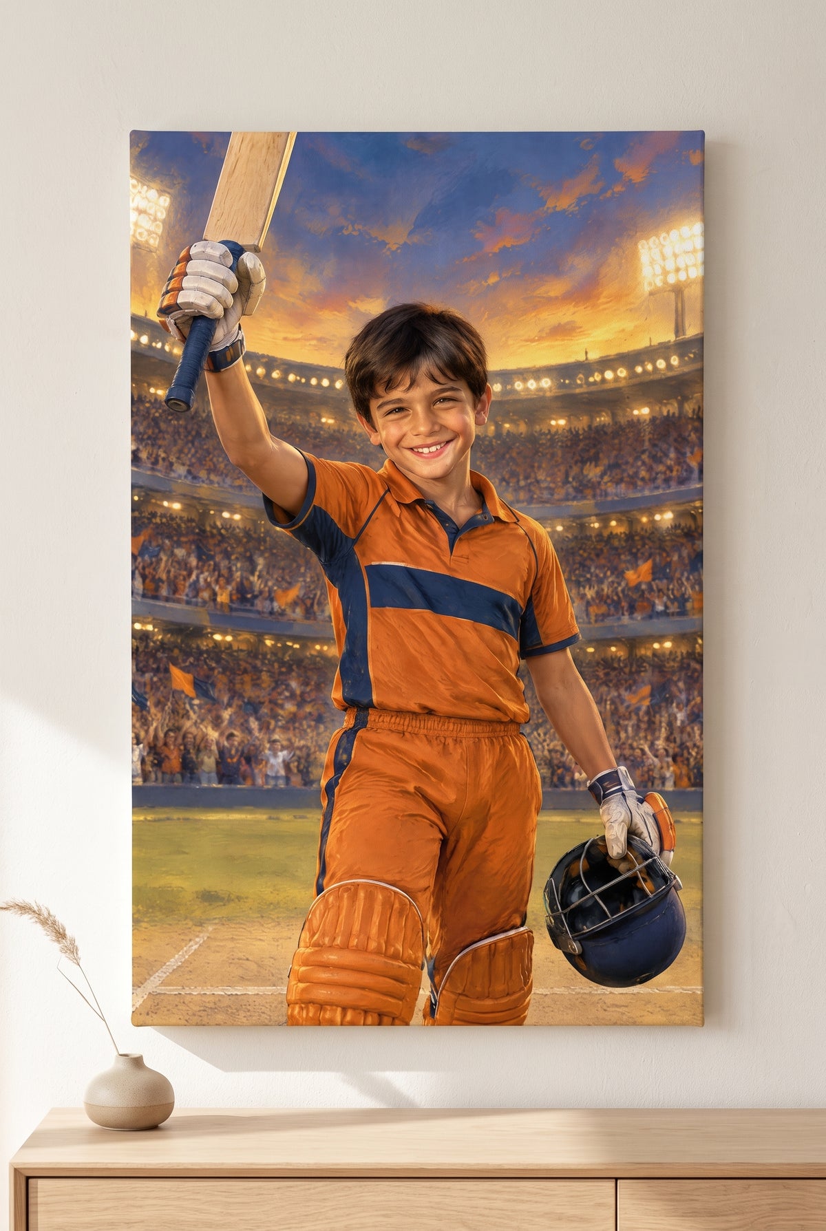 Cricket Floodlit Century Portrait stretched gallery-wrap canvas on the wall