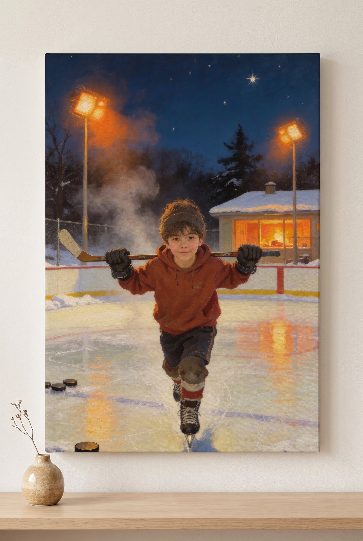 Evening Rink Hockey Portrait stretched gallery-wrap canvas on the wall